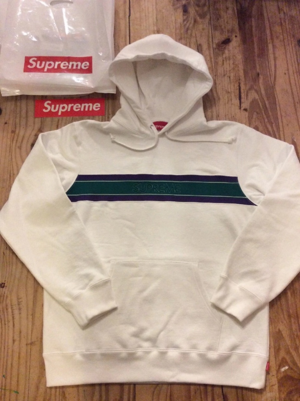 Supreme Chest Stripe Hoodie Size L SS19 white Aqua/purple Deadstock box logo